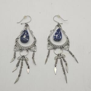 Boho Chandelier Earrings Blue White Teardrop Bead Silver Tone Filigree Wire 3.5"